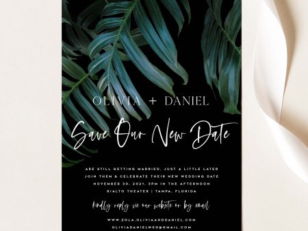 Dark Moody Palm Leaf Tropical Changed the Date Wedding Invitation | Save the Date | PDF Template Supply