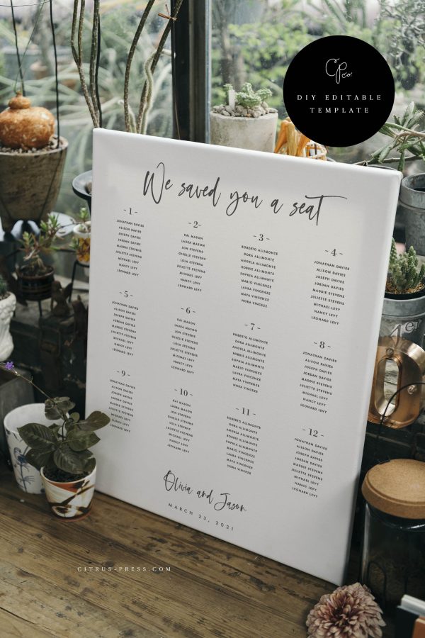 Simple Modern Wedding Seating Chart  | PDF Template Hot on Sale