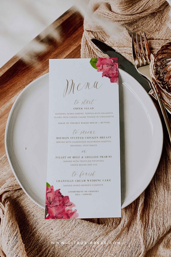 Bougainvillea Tropical Wedding Reception Menu DIY Printable Template For Cheap